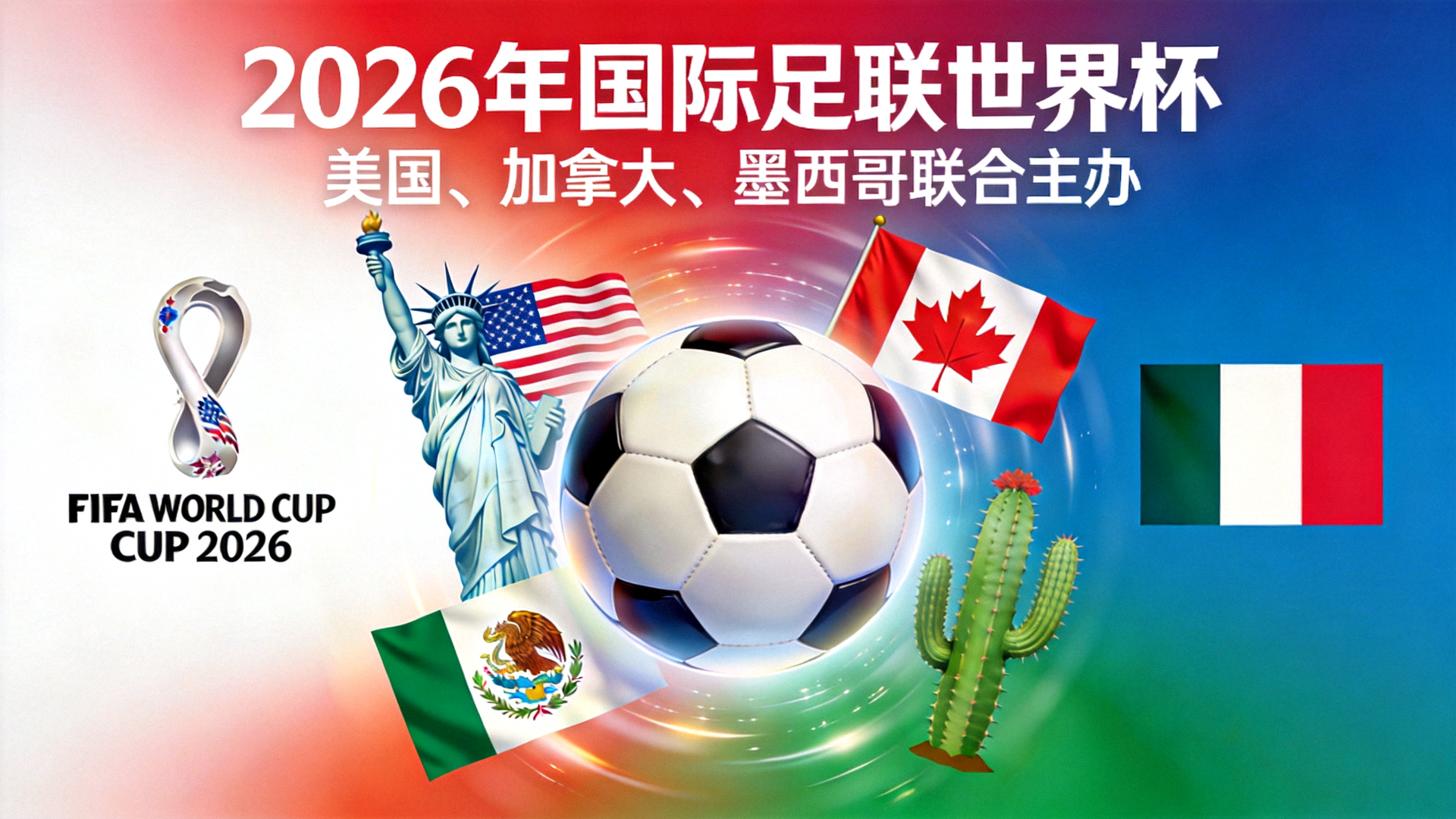2026年国际足联世界杯官方宣传海报，展示美国、加拿大、墨西哥三国联合主办盛况
